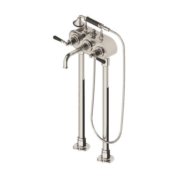 Waterworks Regulator Exposed Floor Mounted Tub Filler with Handshower and Black Lever Handles in Nickel