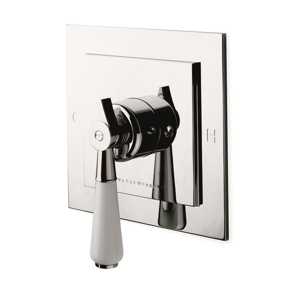 Waterworks Universal Square Pressure Balance with Diverter Trim with White Porcelain Lever Handle in Nickel