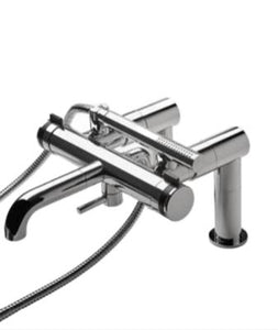 Waterworks Decibel Deck Mounted Exposed Tub Filler with Handshower and Metal Knob Handles in Nickel