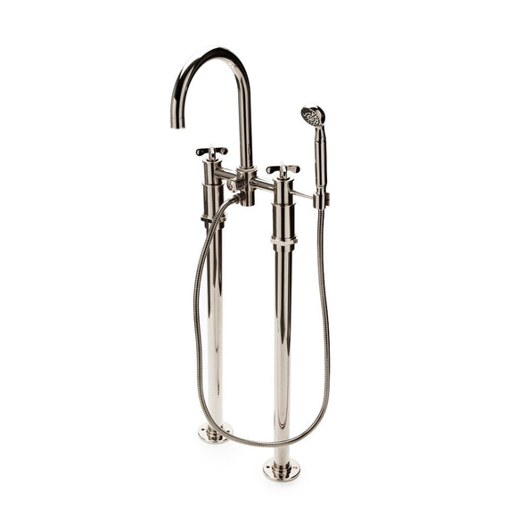 Waterworks Henry Exposed Floor Mounted Tub Filler with Handshower and Metal Cross Handles in Nickel