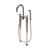 Waterworks Henry Exposed Floor Mounted Tub Filler with Handshower and Metal Cross Handles in Matte Nickel