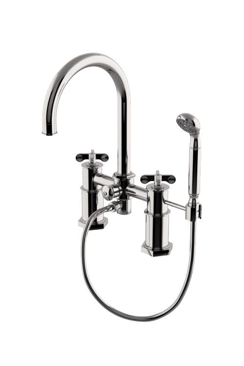 Waterworks Henry Exposed Deck Mounted Tub Filler with 1.75gpm Handshower and Metal Cross Handles in Brass