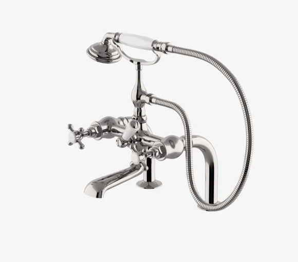 Waterworks Highgate Exposed Deck Mounted Tub Filler with 1.75gpm Handshower and Metal Cross Handles in Brass