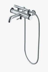 Waterworks Decibel Wall Mounted Exposed Tub Filler with 1.75gpm Handshower and Metal Knob Handles in Nickel